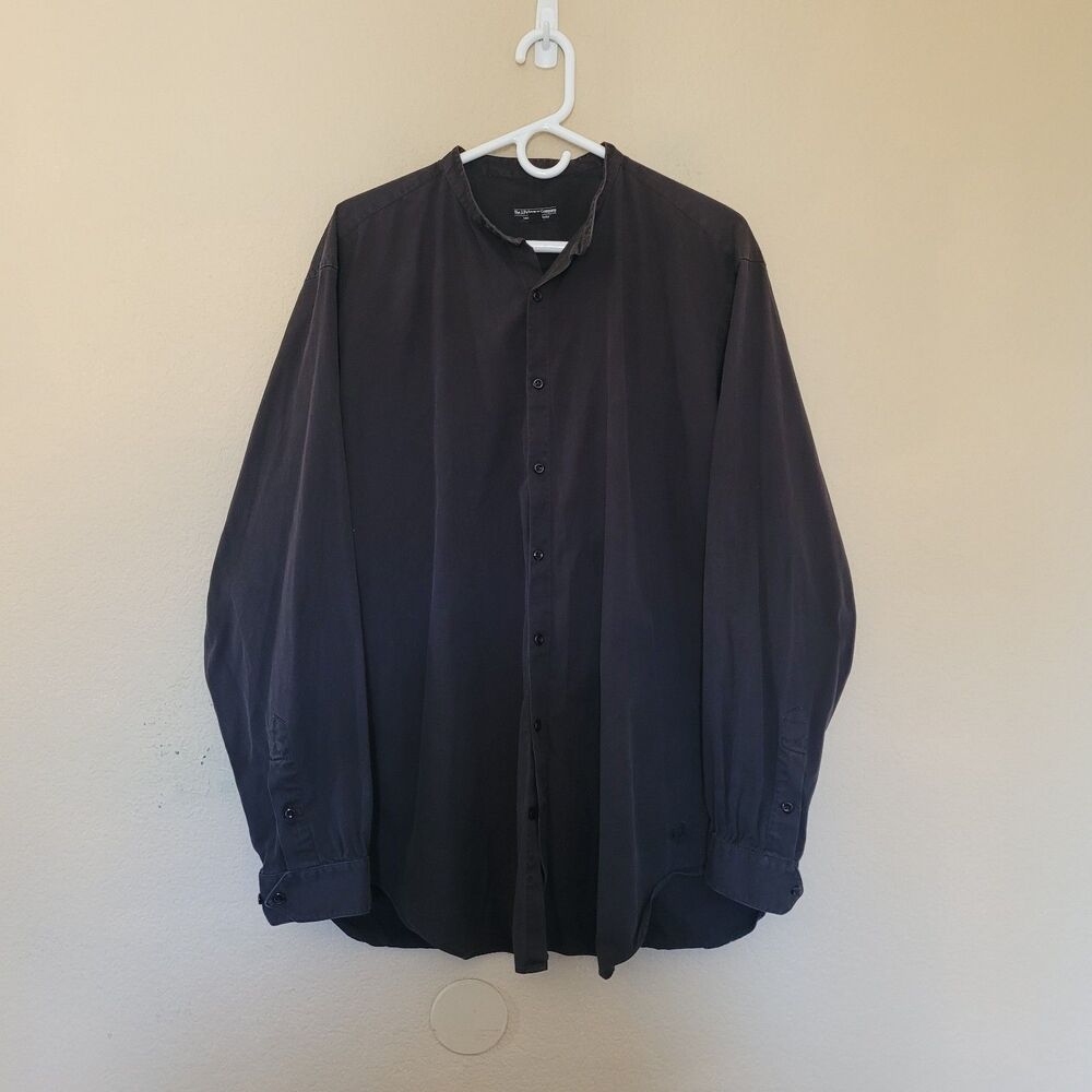 J Peterman Shirt Men Large Black Casual Band Collar Cotton Button Up Made in Usa